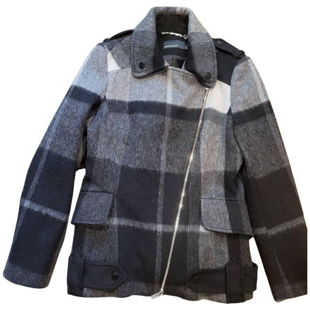 Karen Millen Coat Women's 8 Grey Black Plaid Wool Mohair Alpaca Zip Moto - Picture 2 of 7